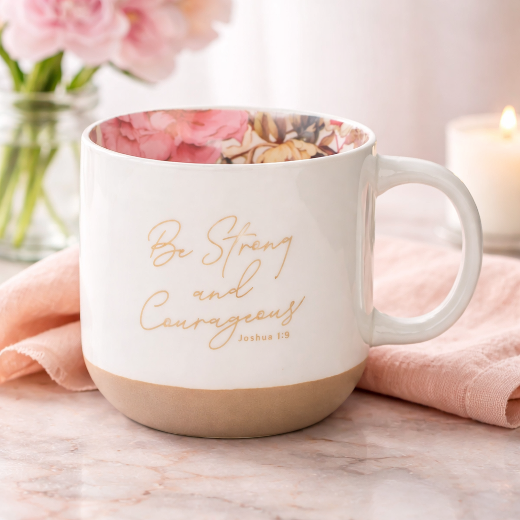 White Floral Strong & Courageous Josh. 1:9 Mug