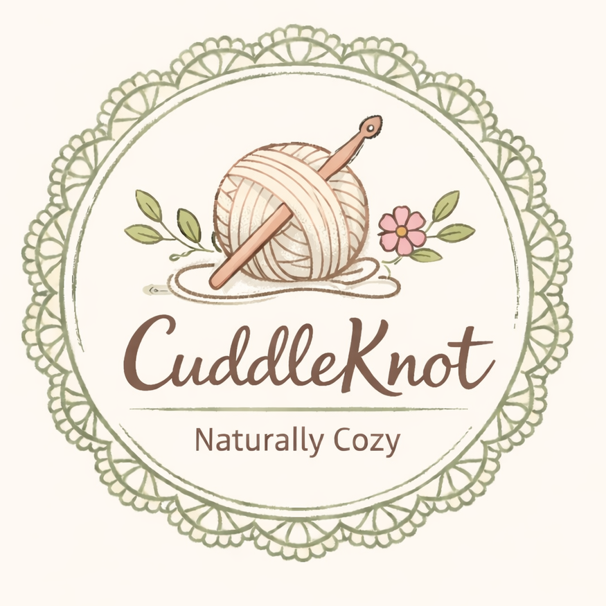 Logo of CuddleKnot with yarn ball and crochet hook on a white background