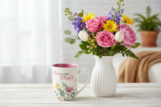 Mug with floral design and text 'Mom you make life beautiful' on a white background